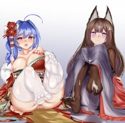 Rule 34 | 2girls, absurdres, ahoge, alternate costume, amagi (azur lane), animal ears, anus, ass, azur lane, bare shoulders, black pantyhose, blue hair, blunt bangs, blush, breasts, breasts out, brown hair, collarbone, cum, cum on body, cum on clothes, cum on feet, cum on hair, cum on lower body, cumdrip, facial, feet, flower, footjob, fox ears, fur collar, gradient background, hair flower, hair ornament, hand on own chest, heart, heart-shaped pupils, highres, japanese clothes, kimono, large breasts, long hair, looking at viewer, multiple girls, nail polish, nipples, no shoes, off shoulder, open mouth, pantyhose, parted lips, purple eyes, purple kimono, red kimono, red nails, shiny skin, sidelocks, soles, st. louis (azur lane), st. louis (spirits in the snow) (azur lane), symbol-shaped pupils, thick eyebrows, thighhighs, toes, wenzheng147, white legwear, wide sleeves