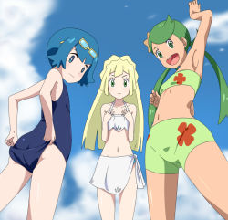 Rule 34 | 10s, 3girls, :d, adjusting clothes, adjusting swimsuit, arm up, armpits, ass, bare shoulders, bikini, blonde hair, blue eyes, blue hair, blue sky, child, closed mouth, cloud, collarbone, creatures (company), female focus, flat chest, flower, from below, game freak, glasses, lana (pokemon), lillie (pokemon), long hair, long twintails, looking at viewer, looking down, mallow (pokemon), midriff, multiple girls, navel, nintendo, npc trainer, one-piece swimsuit, open mouth, orange eyes, orange hair, pokemon, pokemon (anime), pokemon sm, pokemon sm (anime), short hair, sky, smile, standing, swimsuit, teeth, trial captain, twintails, white bikini, yellow eyes, yoshida keiji