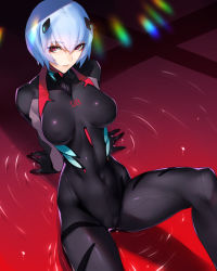 Rule 34 | 1girl, alternate breast size, arm support, arms behind back, ayanami rei, ban! (bansankan), black bodysuit, blue hair, bob cut, bodysuit, breasts, breasts apart, cameltoe, collarbone, commentary, covered collarbone, covered erect nipples, covered navel, crotch seam, dutch angle, evangelion: 3.0 you can (not) redo, from above, gloves, hair between eyes, headgear, highres, impossible bodysuit, impossible clothes, interface headset, knee up, lcl, leaning back, lips, looking at viewer, looking up, medium breasts, narrow waist, neon genesis evangelion, neon trim, parted lips, partially submerged, pilot suit, plugsuit, rainbow, rebuild of evangelion, red eyes, revision, ripples, shadow, short hair, sitting, skin tight, solo, spread legs, straight hair, thighs, turtleneck