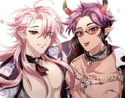 Rule 34 | 2boys, aster (nu carnival), black eyes, brass knuckles, chest tattoo, choker, crystal, demon, demon boy, demon horns, earrings, eye visible through hair, fang, fangs, glasses, heart, highres, horns, jewel, jewelry, long hair, looking at viewer, male focus, morvay (nu carnival), multiple boys, necktie, nipples, nu carnival, pectoral cleavage, pectorals, pink hair, pointy ears, purple hair, red eyes, short hair, smile, smug, tattoo, teeth, tongue, tongue out, upper teeth only, vampire, weapon, white background, yadome810
