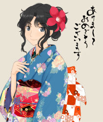 Rule 34 | 1girl, alternate costume, amagami, black hair, closed mouth, commentary request, flower, hair flower, hair intakes, hair ornament, happy new year, highres, long hair, long sleeves, looking at viewer, messy hair, new year, smile, solo, takemi kaoru, tanamachi kaoru, translation request, wavy hair