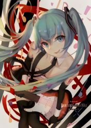 Rule 34 | 1girl, 2017, aqua eyes, aqua hair, bare shoulders, black gloves, black necktie, black thighhighs, breasts, character name, cleavage, collarbone, copyright name, dated, elbow gloves, gloves, hatsune miku, instrument, instrument request, leaning forward, looking at viewer, medium breasts, musical note, necktie, ocarino, smile, solo, thighhighs, twintails, vocaloid, white background