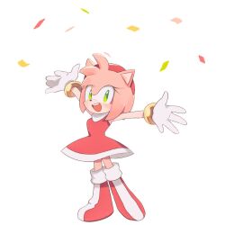 Rule 34 | 1girl, amy rose, animal ears, animal nose, arms up, boots, bracelet, commentary, confetti, dress, full body, furry, furry female, gloves, green eyes, hairband, jewelry, looking at viewer, mo0n friend, open mouth, red dress, red footwear, red hairband, simple background, smile, solo, sonic (series), standing, symbol-only commentary, white background, white gloves