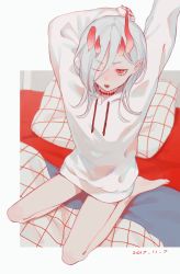 Rule 34 | 1boy, arms up, barefoot, bed sheet, bottomless, broken horn, drawstring, eyes visible through hair, highres, hood, hoodie, horns, kirudai, legs, lips, long hair, male focus, nail polish, on bed, one eye closed, oni, open mouth, original, pillow, pointy ears, red eyes, red nails, sitting, skin-covered horns, solo, stretching, sweater, waking up, white hair, white sweater, yawning