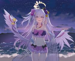 Rule 34 | 1girl, angel wings, azusa (blue archive), beach, blue archive, hair ornament, highres, inapple, night, night sky, purple eyes, sky, swimsuit, thighs, white hair, wings
