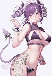 Rule 34 | 10 plus, 1girl, bikini, breasts, breasts out, cleavage, cleavage cutout, clothing cutout, demon girl, demon tail, earrings, flower, frills, halterneck, highres, jewelry, leg tattoo, looking at viewer, maid, maid bikini, maid headdress, medium breasts, mole, mole on breast, nail, navel, original, panties, pink eyes, purple hair, purple panties, rose, short twintails, smile, solo, strap, swimsuit, tail, tattoo, thighs, twintails, unconventional maid, underwear, virtual youtuber