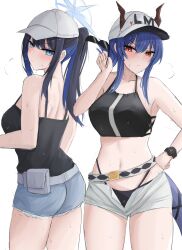 Rule 34 | 2girls, arknights, ass, bare shoulders, baseball cap, belt, bikini, black bikini, blue archive, blue eyes, blue hair, breasts, camisole, ch&#039;en (arknights), ch'en (arknights), commentary, cowboy shot, cutoffs, dragon horns, dragon tail, female tourist c (arknights), grey shorts, hand on own hip, hand up, hat, highres, holding, holding removed eyewear, horns, horns through headwear, large breasts, long hair, looking at viewer, multiple girls, namikare, navel, open fly, ponytail, saori (blue archive), saori (swimsuit) (blue archive), short shorts, shorts, simple background, spaghetti strap, standing, stomach, sunglasses, swimsuit, tail, thighs, unworn eyewear, white background, white headwear