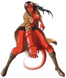 Rule 34 | 1girl, black hair, boots, breasts, cleavage, coat, colored skin, demon tail, female focus, full body, gender request, genderswap, hellboy, hellboy (comic), large breasts, long hair, open clothes, open coat, qoere, red skin, shorts, solo, tail, trench coat, white background, yellow eyes