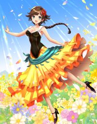 Rule 34 | 1girl, agnea bristarni, aqua eyes, bare shoulders, black dress, black footwear, blush, bodice, braid, braided ponytail, breasts, brown hair, cleavage, commentary request, commission, covered navel, dress, earrings, field, flower, flower field, hair flower, hair ornament, highres, hoop earrings, jewelry, kakiko210, leaf, looking at viewer, medium breasts, octopath traveler, octopath traveler ii, open mouth, orange dress, petals, pink flower, purple flower, red flower, skeb commission, sleeveless, sleeveless dress, smile, solo, two-tone dress, white flower, yellow flower