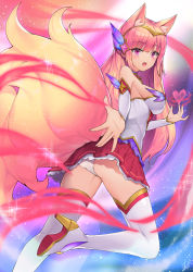 Rule 34 | 1girl, :d, ahri (league of legends), animal ears, ass, bad id, bad pixiv id, blonde hair, boots, breasts, commentary, dduck kong, detached sleeves, fang, fingernails, fox ears, fox girl, fox tail, hair between eyes, hair ornament, heart, high heel boots, high heels, highres, kitsune, large breasts, league of legends, long hair, long sleeves, open mouth, panties, pleated skirt, purple eyes, red skirt, shirt, skirt, smile, solo, sparkle, standing, standing on one leg, star guardian (league of legends), star guardian ahri, tail, thigh boots, thighhighs, underwear, very long hair, white footwear, white panties, white shirt, white thighhighs