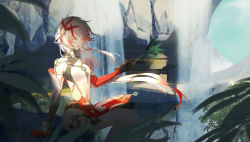 Rule 34 | 1girl, arm support, breasts, china dress, chinese clothes, day, dress, feathers, floating hair, fu hua, fu hua (phoenix), gold trim, gradient hair, hair between eyes, hair ornament, highres, holding, holding leaf, honkai (series), honkai impact 3rd, leaf, long hair, multicolored hair, outdoors, pelvic curtain, plant, red hair, shade, shirt, side slit, silver hair, sitting, small breasts, smile, solo, streaked hair, thighlet, tree, turquoise (gemstone), white shirt, wind, wind lift