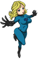 Rule 34 | 1girl, blonde hair, blue eyes, bodysuit, breasts, fantastic four, female focus, full body, long hair, marvel, simple background, solo, sue storm, susan storm, umipro, white background