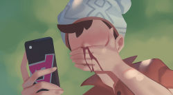 Rule 34 | 1boy, bad id, bad pixiv id, beanie, blood, brown hair, buttons, cable knit, collared shirt, covering nose, creatures (company), game freak, grey hat, hands up, hat, holding, holding phone, male focus, nintendo, no eyes, nosebleed, phone, pokemon, pokemon swsh, red shirt, shirt, short hair, solo, swept bangs, unfairr, victor (pokemon)