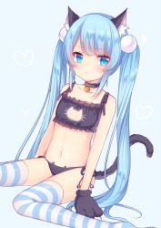 Rule 34 | 1girl, :&lt;, amashiro natsuki, animal ears, animal hands, bad id, bad pixiv id, bell, black bra, black panties, blue hair, blush, bra, cat cutout, cat ear panties, cat ears, cat lingerie, cat tail, choker, cleavage cutout, clothing cutout, collar, collarbone, flat chest, gloves, jingle bell, long hair, looking at viewer, meme attire, navel, neck bell, original, panties, paw gloves, side-tie panties, simple background, sitting, solo, striped clothes, striped thighhighs, tail, thighhighs, twintails, twintails day, underwear, very long hair, wariza