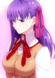 1girl blush breasts brown_vest closed_mouth colored_eyelashes fate/stay_night fate_(series) female_focus gradient_background hair_ribbon highres homurabara_academy_school_uniform long_hair matou_sakura medium_breasts neck_ribbon pink_background pink_ribbon purple_eyes purple_hair puyo_(puyotopia) red_ribbon ribbon school_uniform shirt smile solo upper_body vest white_shirt