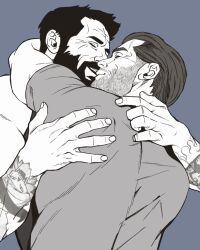 Rule 34 | 2boys, arm tattoo, bara, beard stubble, bonjourdraws, character request, check copyright, copyright request, couple, facial hair, from side, greyscale with colored background, happy, hug, kiss, male focus, mature male, multiple boys, muscular, muscular male, mustache, mustache stubble, original, profile, short hair, stubble, tattoo, thick eyebrows, thick mustache, upper body, wrinkled skin, yaoi