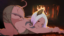 Rule 34 | 1girl, absurdres, aran sweater, arm tattoo, ass, backless dress, backless outfit, bangle, bare back, black lips, black wings, blurry, blurry background, blush, bracelet, breasts, butt crack, cable knit, colored skin, demon girl, demon tail, dress, feet out of frame, fireplace, highres, horns, indoors, jewelry, large breasts, leg tattoo, long hair, looking at viewer, meme attire, mini wings, naked sweater, no bra, no panties, original, pink skin, red eyes, ribbed sweater, sideboob, snortzog, solo, sweater, sweater dress, tail, tattoo, top-down bottom-up, turtleneck, turtleneck sweater, virgin killer sweater, white hair, wings
