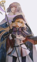 Rule 34 | 1boy, 1girl, absurdres, artoria caster (fate), artoria caster (second ascension) (fate), artoria pendragon (fate), belt, black bow, black gloves, blonde hair, blue belt, blue bow, blue cape, blue eyes, blue headwear, blue pantyhose, bow, bowtie, buttons, cape, closed mouth, diamond hairband, dress, fate/grand order, fate (series), floating hair, fur-trimmed cape, fur trim, gloves, gold trim, green eyes, grey hair, hair between eyes, hair bow, half-closed eyes, hat, height difference, highres, holding, holding staff, holding weapon, long hair, long sleeves, looking away, mayonakaniwa, multicolored cape, multicolored clothes, o-ring, o-ring belt, oberon (fate), pantyhose, red cape, short hair, simple background, staff, twintails, weapon, white background, white cape, white dress