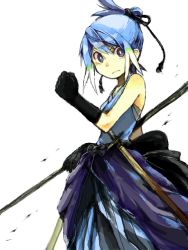 Rule 34 | 1girl, bare shoulders, blue eyes, blue hair, dewott, gen 5 pokemon, gloves, japanese clothes, matching hair/eyes, personification, pokemon, samurai, solo, sword, tegaki, topknot, weapon