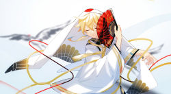 Rule 34 | 1boy, bird, blonde hair, blurry, blurry background, chi ya, commentary, cosplay, crane (animal), closed eyes, feather print, folding fan, hand fan, hand up, hatsune miku, highres, holding, holding fan, japanese clothes, kagamine len, kimono, male focus, necktie, upper body, vocaloid, white kimono, wide sleeves, yellow neckwear, yuki miku, yuki miku (2018), yuki miku (cosplay)