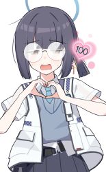 Rule 34 | 1girl, absurdres, black hair, blue archive, brown eyes, glasses, halo, heart, heart hands, highres, level up, millennium science school student (blue archive), millennium science school student a (blue archive), necktie, opaque glasses, pleated skirt, school uniform, short hair, simple background, skirt, solo, sweater vest, white background, xaiqi