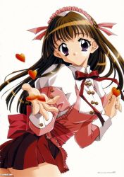Rule 34 | 1girl, :o, apron, blush, brown hair, buttons, cowboy shot, frilled apron, frills, heart, holding, jpeg artifacts, juliet sleeves, kadoi aya, long hair, long sleeves, looking at viewer, maid headdress, miniskirt, neck ribbon, non-web source, outstretched hand, pink apron, pleated skirt, puffy sleeves, purple eyes, ribbon, scan, scan artifacts, simple background, skirt, solo, waitress, watermark, web address, white background