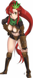 Rule 34 | 1girl, bent over, boots, breasts, brown eyes, cleavage, cloritin, cosplay, female focus, final fantasy, final fantasy xi, full body, highres, large breasts, leaning forward, long hair, midriff, ponytail, ranger, red hair, simple background, solo, tengen toppa gurren lagann, yoko littner