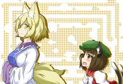 Rule 34 | 2girls, animal ears, blonde hair, blush, breasts, brown eyes, brown hair, cat ears, cat tail, chen, dress, earrings, fang, fox ears, fox tail, hands in opposite sleeves, hat, jewelry, juliet sleeves, kitsunetsu (rcu be1s), long sleeves, looking at another, medium breasts, mob cap, multiple girls, multiple tails, no headwear, no headwear, open mouth, patterned background, puffy sleeves, short hair, sideways glance, single earring, smile, tabard, tail, touhou, vest, yakumo ran, yellow eyes