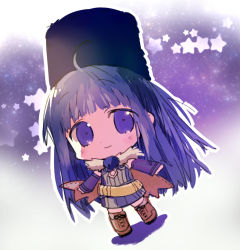 Rule 34 | 1girl, alchemist (ragnarok online), arutopian, blue sleeves, blush, boots, brown cape, brown dress, brown footwear, cape, chibi, closed mouth, commentary request, cross-laced footwear, detached sleeves, dress, dutch angle, full body, fur collar, long hair, looking at viewer, purple eyes, purple hair, ragnarok online, short dress, smile, solo