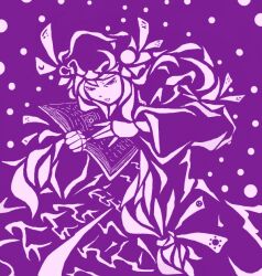Rule 34 | 1girl, book, dress, hat, holding, holding book, long sleeves, mob cap, monochrome, open book, open mouth, patchouli knowledge, purple background, row (akatuki), solo, touhou, wide sleeves