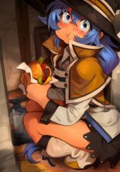Rule 34 | 1girl, :t, absurdres, blue eyes, blue hair, blush, boots, brown cape, burger, buttons, cape, caught, cheek bulge, closed mouth, commentary, eating, fast food, female focus, food, from side, hair between eyes, hat, highres, holding, holding food, khyle., long hair, looking to the side, mushoku tensei, popped collar, roxy migurdia, solo, squatting, sweat, white footwear, witch hat