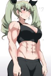 Rule 34 | 1girl, abs, anchovy (girls und panzer), blush, breasts, drill hair, girls und panzer, green hair, hair between eyes, hair ribbon, highres, large breasts, muscular, muscular female, pants, ribbon, simple background, solo, sports bra, sportswear, sweat, twin drills, twintails, white background, yoga pants
