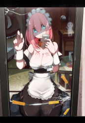 Rule 34 | 1girl, apron, blue eyes, blush, body writing, breasts, cellphone, cleavage, collar, frills, ghost, iphone, large breasts, maid, maid apron, maid headdress, mirror, nipple piercing, nipple tag, original, phone, piercing, pink hair, reflection, safety pin, selfie, smartphone, smile, solo, takagi (tansuke), tansuke, thighhighs, when you see it, wrist cuffs