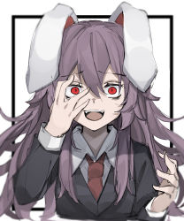 Rule 34 | 1girl, animal ears, blazer, carrot, carrot necklace, constricted pupils, crazy, crazy eyes, crazy smile, duplicate, empty eyes, hand on own face, highres, hisha (kan moko), jacket, jewelry, laughing, light purple hair, looking at viewer, moon rabbit, necklace, necktie, purple hair, rabbit ears, rabbit girl, red eyes, red necktie, reisen udongein inaba, smile, solo, touhou
