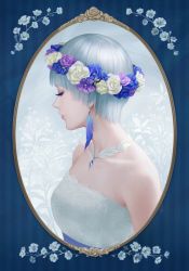 Rule 34 | 1girl, bare shoulders, dress, earrings, eyelashes, closed eyes, eyeshadow, feather earrings, feathers, female focus, flower, framed, from side, jewelry, makeup, neck, necklace, original, short hair, silver hair, solo, strapless, strapless dress, suda ayaka, upper body, white dress, wreath