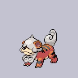 Rule 34 | bad id, bad pixiv id, claws, closed mouth, commentary request, creatures (company), full body, game freak, grey background, hisuian form, hisuian growlithe, lowres, nintendo, no humans, onigashira ginkaku, pixel art, pokemon, pokemon (creature), simple background, smile, solo, standing, toes