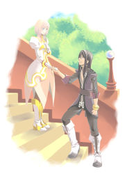 Rule 34 | 1boy, 1girl, belt, black hair, bracer, bush, closed mouth, doroimo, dress, estellise sidos heurassein, gloves, hand on own chest, long hair, looking at another, open mouth, pink hair, short hair, smile, stairs, tales of (series), tales of vesperia, yuri lowell