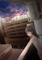 Rule 34 | 1girl, absurdres, apartment, arm support, bad id, bad pixiv id, bare arms, bare shoulders, blush, brown eyes, brown hair, building, camisole, cloud, cloudy sky, commentary request, dated, dutch angle, fingernails, from side, hair between eyes, highres, looking away, mouth hold, original, outdoors, profile, scenery, sky, skyscraper, solo, sunset, tateishi kureha, toothbrush, toothbrush in mouth, twitter username, white camisole