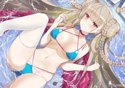 1girl absurdres ahoge azur_lane bare_legs bare_shoulders bikini blonde_hair blue_bikini blunt_bangs blush braid breasts breasts_apart character_name closed_mouth collarbone criss-cross_halter day double_bun fengyue_jiang formidable_(the_lady_of_the_beach)_(azur_lane) hair_bun halterneck highres large_breasts leg_up long_hair looking_at_viewer lying on_back outdoors red_eyes single_braid smile solo sparkle swimsuit thighhighs very_long_hair water white_thighhighs