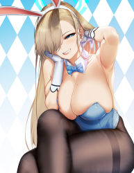 Rule 34 | 1girl, animal ears, armpits, asuna (blue archive), asuna (bunny) (blue archive), bare shoulders, black pantyhose, blue archive, blue bow, blue bowtie, blue eyes, blue leotard, blueorca, bow, bowtie, breasts, cleavage, commentary, crossed legs, detached collar, fake animal ears, full body, gloves, gradient background, grin, hair over one eye, halo, hand in own hair, hand on own cheek, hand on own face, high heels, highres, large breasts, leotard, light brown hair, long hair, looking at viewer, mole, mole on breast, pantyhose, parted lips, patterned background, playboy bunny, rabbit ears, sitting, smile, solo, stool, teeth, thighs, traditional bowtie, white footwear, white gloves