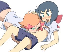 Rule 34 | 10s, 2girls, @ @, amanda o&#039;neill, anonymous artist, assisted exposure, belly, biting, blush, bow, clothes lift, constanze amalie von braunschbank-albrechtsberger, green eyes, gym uniform, hair bow, hand on another&#039;s head, little witch academia, lying, md5 mismatch, multicolored hair, multiple girls, navel, nibbling, on back, orange hair, red bow, resolution mismatch, shirt lift, simple background, stomach, sweatdrop, two-tone hair, white background, yuri