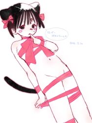 Rule 34 | 1girl, animal ears, black eyes, black hair, blush stickers, bow, cat ears, cat tail, chocolate, chocolate on face, dated, flat chest, food, food on face, from below, hair bow, highres, looking at viewer, naked ribbon, navel, original, red ribbon, ribbon, short hair, sketch, solo, tail, valentine, youyuu (melt yo103)