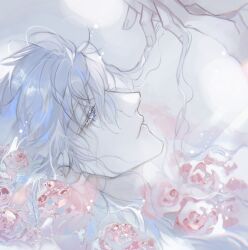 Rule 34 | 1boy, flower, grey eyes, holding, holding own hair, i became a god in a horror game, long hair, looking at another, looking up, lying, male focus, pink flower, solo, sparkle, tavel, wavy hair, white eyes, white hair, x-yukiiiii