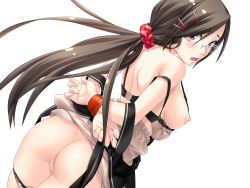 Rule 34 | 1girl, ass, bdsm, bondage, bound, bound wrists, bra, bra pull, breasts, brown hair, cleft of venus, clothes lift, clothes pull, game cg, glasses, hair ornament, highres, jiyu2, kakei ranka, long hair, looking back, mazo x love, nipples, open clothes, open mouth, open shirt, panties, panty pull, ponytail, pussy, red eyes, scrunchie, shirt, sideboob, simple background, skirt, skirt lift, strap pull, third-party edit, uncensored, underwear, white theme