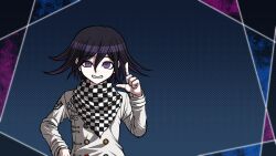 Rule 34 | 1boy, arm belt, belt, black scarf, blue background, buttons, chain, checkered clothes, checkered scarf, commentary request, cowboy shot, crazy eyes, crazy grin, crest, danganronpa (series), danganronpa v3: killing harmony, double-breasted, hair between eyes, hand on own hip, jacket, layered sleeves, long sleeves, looking at viewer, male focus, multicolored buttons, multiple belts, official style, oma kokichi, outside border, pale skin, parody, pointing, pointing up, polka dot, polka dot background, purple eyes, purple hair, scarf, short hair, simple background, solo, style parody, two-tone scarf, white belt, white jacket, white scarf, white sleeves, yumaru (marumarumaru)