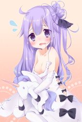 Rule 34 | 1girl, ahoge, azur lane, bare shoulders, black bow, black ribbon, bow, breasts, cleavage, collarbone, commentary request, dress, elbow gloves, flying sweatdrops, gloves, hair between eyes, hair bun, hair in own mouth, hair ribbon, head tilt, long hair, medium breasts, nanase (ribonshitoron), hugging object, one side up, pantyhose, purple eyes, purple hair, ribbon, side bun, single hair bun, single side bun, sitting, solo, strapless, strapless dress, stuffed animal, stuffed pegasus, stuffed toy, stuffed unicorn, stuffed winged unicorn, unicorn (azur lane), very long hair, wariza, white dress, white gloves, white pantyhose