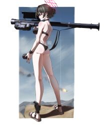 1girl absurdres aircraft ankle_holster artist_name ass bare_legs bikini black_bikini black_choker black_hair black_wristband blue_archive breasts choker closed_mouth commentary_request earrings feet fim-92_stinger fingernails gun hair_between_eyes halo handgun helicopter highres holding holding_rocket_launcher holding_weapon holstered jewelry legs_apart light_blush looking_at_viewer medium_breasts misaki_(blue_archive) misaki_(swimsuit)_(blue_archive) mountainous_horizon nail_polish official_alternate_costume profile puto_trash red_halo red_nails rocket_launcher sandals shadow short_hair sideways_glance smile solo standing stud_earrings swimsuit toes trigger_discipline weapon yellow_eyes