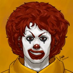 Rule 34 | 1boy, afro, agemmata, artist name, brown eyes, clown, colored skin, commentary, dated, english commentary, facepaint, furrowed brow, grin, looking at viewer, male focus, mask, mcdonald&#039;s, orange background, orange theme, photoshop (medium), portrait, red hair, red pupils, ronald mcdonald, signature, simple background, smile, smirk, solo, teeth, white skin, yellow theme