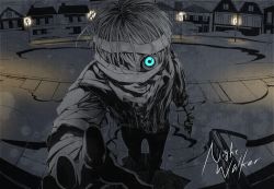 Rule 34 | 1boy, bandaged hand, bandages, blood, blood from mouth, blue eyes, city, corpse, from above, glowing, kagamine len, lantern, male focus, night, one-eyed, one eye covered, outdoors, reaching, reaching towards viewer, solo, song name, standing, vocaloid