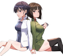Rule 34 | 2girls, back-to-back, black eyes, black hair, black legwear, blunt bangs, blush, breasts, brown eyes, brown hair, etou toshiko, from side, highres, holding another&#039;s hair, holding hands, jacket, kitagou fumika, large breasts, long hair, looking at viewer, medium breasts, medium hair, mejina, military, military uniform, multiple girls, ponytail, school swimsuit, shiny skin, strike witches zero, swimsuit, thighhighs, thighs, uniform, white background, white jacket, world witches series